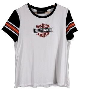 Harley‎ Davidson Womens Shirt Large White Rhinestone Embellish Motorcycle Riding